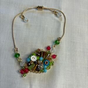 Heart Illusion Bracelet Gold Chain Adjustable Pull Clasp Beaded Rhinestones Boho